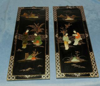 Vintage Chinese Black Lacquer Mother Of Pearl 24 " Asian Art Wall Hangings