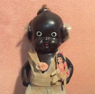 ANTIQUE BLACK MEMORABILIA ALL BISQUE JOINTED DOLL IN PAPER DRESS HAIR 4