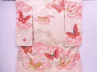 76528 Japanese Kimono / Vintage Furisode / Embroidery / Flower & Butterfly