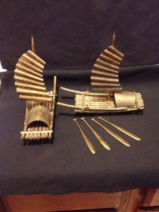 Set Of 2 Vintage Brass Asian Fishing Boats With Paddles Figurines Hong Kong