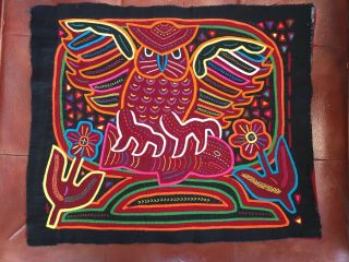 Vintage Ethnographic Owl Fish Flower Motif Fabric Mola Art Kuna Women Textile