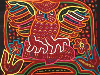Vintage ETHNOGRAPHIC Owl Fish Flower MOTIF Fabric MOLA ART KUNA WOMEN TEXTILE 3