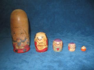 Vtg Japanese Wood Nesting Dolls.  Set Of 5.  Folk Art Figures.  Hand Painted.  Rare