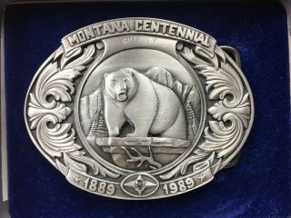Montana Centennial 1889 - 1989 Pewter W/ Saphire Belt Buckle Grizzly