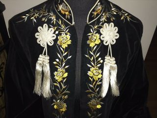 Vintage Japanese Chinese Mandarin Embroidered Kimono Jacket Black Velvet Tassels