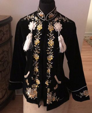 Vintage Japanese Chinese Mandarin Embroidered Kimono Jacket Black Velvet Tassels 2