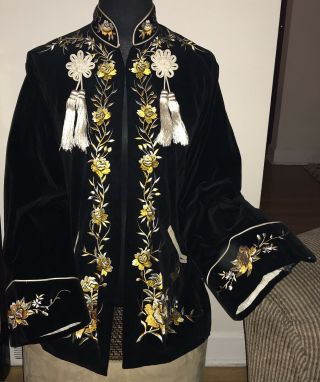 Vintage Japanese Chinese Mandarin Embroidered Kimono Jacket Black Velvet Tassels 3