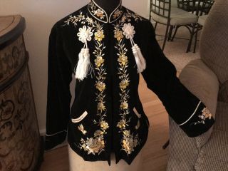 Vintage Japanese Chinese Mandarin Embroidered Kimono Jacket Black Velvet Tassels 4