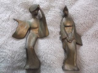 2 Vintage Brass/bronze Tone Japanese Geisha Dancer Midcentury Sculpture Figurine