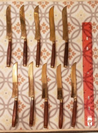 (10) Dinner Knives - Vintage Mid - Century Brass / Rosewood Quality Set – Made In