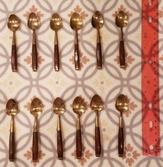 (12) Demitasse Spoons - Vintage Mid - Century Brass / Rosewood Quality Flatware