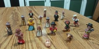 Vintage Miniature Mexican Clay Figurines Folk Art Pottery Set Of 17