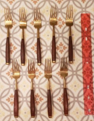(9) Dinner Forks - Vintage Mid - Century Brass / Rosewood Quality Set – Made In Th