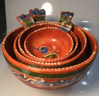 4 Vintage Mexican Folk Art Terra Cotta Pottery Handled Nesting Bowls Pots