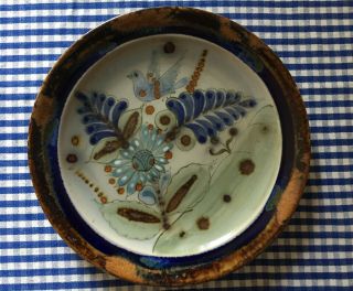Ken Edwards Signed Mexican Pottery Brown & Blue Bird Floral 10.  25 " Large Plate
