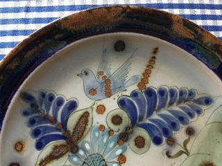 Ken Edwards Signed Mexican Pottery Brown & Blue Bird Floral 10.  25 