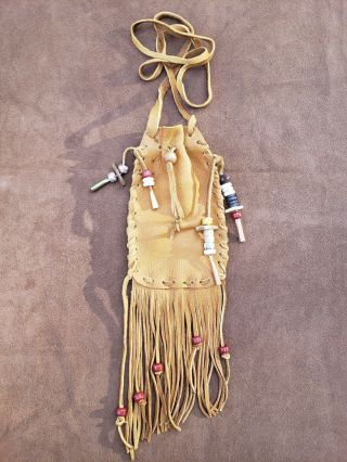 Handmade Tan Leather Deerskin Medicine Bag Pouch Fringe Beaded Red Glass Beads
