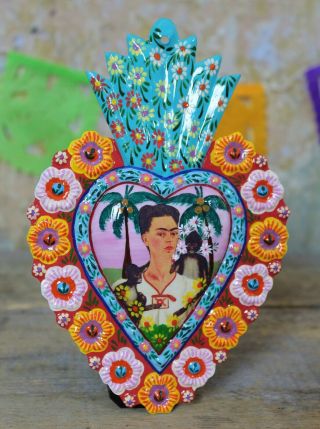 Milagro Ornament Frida Kahlo & Her Pet Monkeys Portrait Folk Art Peru Handmade