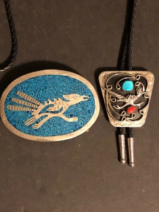 Vintage Taxco Silver Inlay Roadrunner Belt Buckle,  Bolo Tie Turquoise Stone