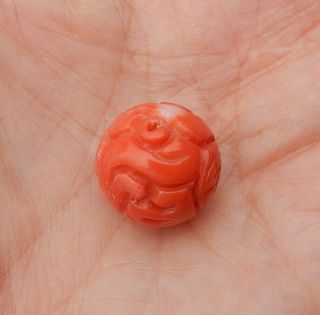 Vintage Chinese Hand Carved 16mm Enhanced Red Coral Double Shou Dragon Bead