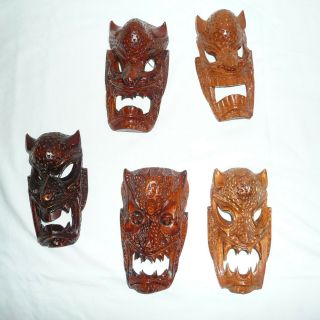 5 Thailand Wood Carved Masks Vintage (before 1970) Pre Owned