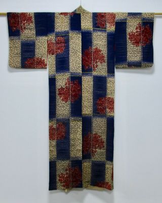 Japanese Silk Antique Kimono / Flower Komon / Indigo Blue / Silk Fabric /127