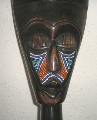 Vintage Hand Carved African Beaded Mask And Stand In One Piece