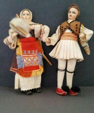 2 Vintage/antique Turkish Cloth Dolls Painted Faces Leather Shoes 11 " & 101/2 "