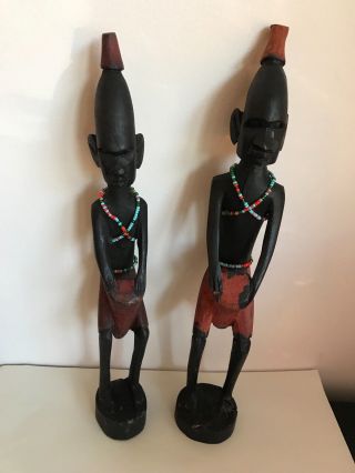 Vintage African Hand Carved Wood Figures Set Men Drummers - Kenya 11.  5 " Statues