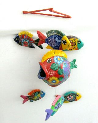 Vtg Mexican Folk Art Carved Wood Coconut Fish Mobile Wind Chime Painted Figure