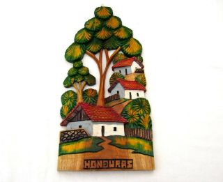 Hand Carved Painted Honduras 3 - D Wood Wall Hanging Plaque Village Tree Art Decor