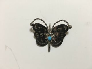 Vintage Sterling Silver Turquoise Navajo Artist Signed Butterfly Pin Brooch