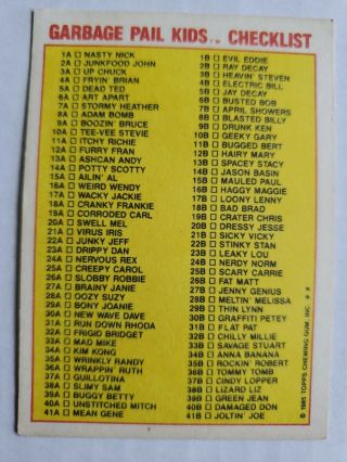 1985 Topps Garbage Pail Kids OS1 Series 8B BLASTED BILLY Checklist Back 4
