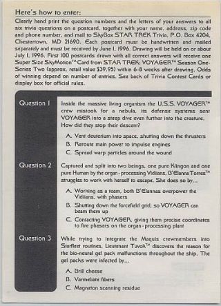 Star Trek Voyager Season 1 Series 2 Trivia Quiz Card Notice Insert