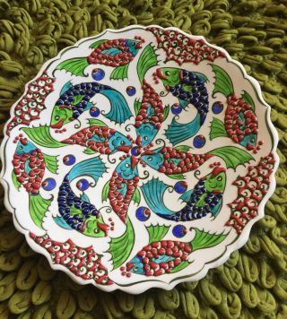 Authentic Fish Merte El Sanahari Kutahya Turkish Hand Made Ceramic Plate 10.  5 "