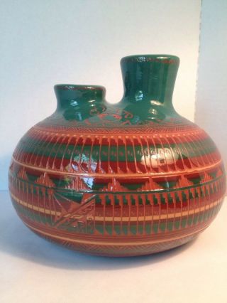 Navajo Wedding Vase - Etched Hand Made Painted Red Clay Pottery Artist Signed