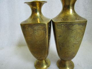 VINTAGE JAPANESE MINIATURE Brass VASES Egyptian Revival Engraved c 1920 6