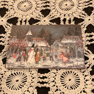 Vintage Greeting Card Christmas People Building A Snowman Church House