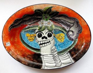 Talavera Catrina Bowl Orange Day Of The Dead Platter 12 " Mexican Pottery