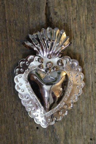 Sacred Heart Necklace Pendant Hand Made Alpaca Nickel Sliver Mexican Folk Art