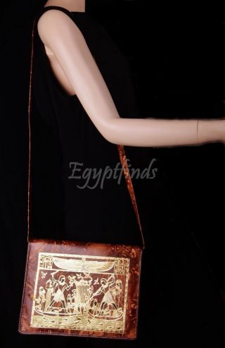 Large Egyptian Hand Made Leather Of Winged Isis And King Tut Bag Purse