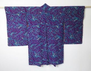 0628s08z470 Antique Japanese Kimono Silk Long Haori Dark Purple Chrysanthemum