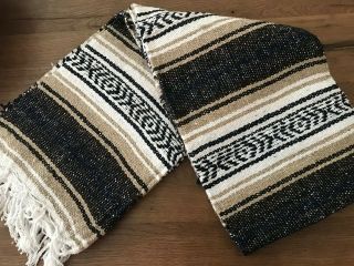 Mexican Falsa Hand Woven Throw Blanket Yoga - Navy/tan Serape - Twin Size