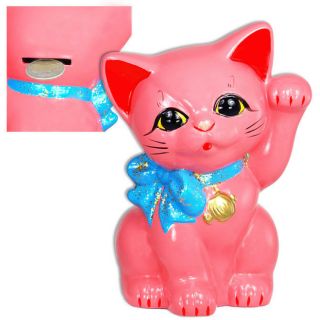 Japanese 6 " H Pink Maneki Neko Welcome Cat W/ Blue Ribbon Beckoning Coin Bank