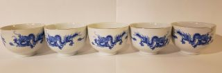 Set Of 5 Chinese Porcelain Blue Dragon Tea Cups Red Back Mark Great China