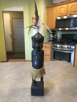 Primitive Carved Wooden Tribal Warrior Ornate African Mohawk Feathers Statue