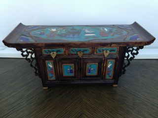 Vintage Miniature Japanese Chinese Asian Lacquer Wooden Chest W Enamel Panels