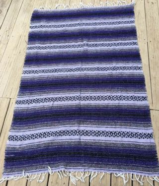 Vtg Hand Woven Mexican Blanket Cotton Blend,  Purple & White 70x44