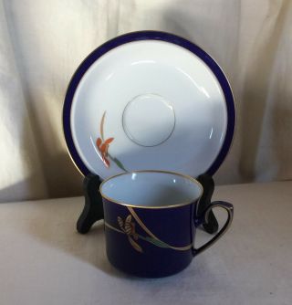 Koransha,  Japanese Cobalt Blue Cup And Saucer,  Gold Trims,  Orchid And Green Leaf.