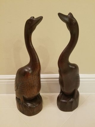 Two Large Vintage Hand Carved Hard Wood Geese Statues